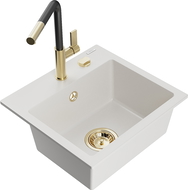 Mexen Milo granitinis vienos plautuvės kriauklė su Flora virtuviniu maišytuvu, baltas - 6505-20-670401-57-G