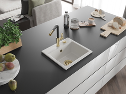 Mexen Milo granitinis vienos plautuvės kriauklė su Flora virtuviniu maišytuvu, baltas - 6505-20-670401-57-G