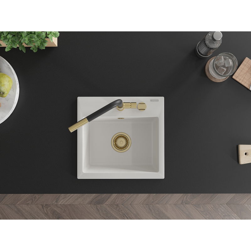 Mexen Milo granitinis vienos plautuvės kriauklė su Flora virtuviniu maišytuvu, baltas - 6505-20-670401-57-G