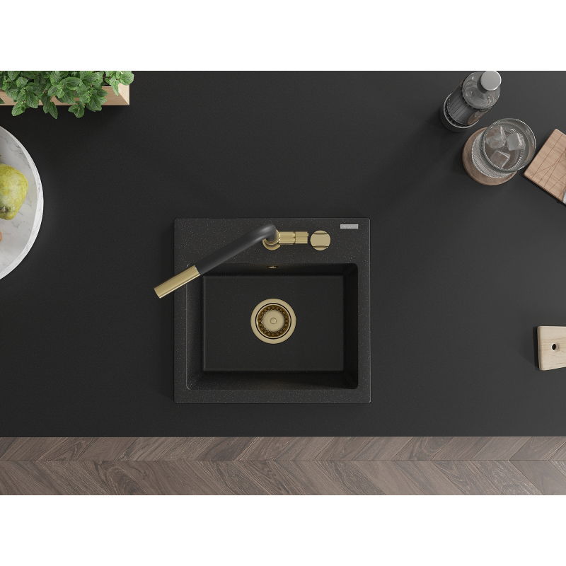 Mexen Milo granito plautuvė vienos kameros su virtuviniu maišytuvu Flora, juoda/sidabrinis metalikas - 6505-73-670401-57-G