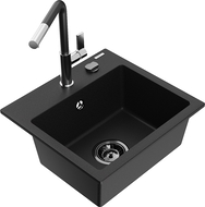 Mexen Milo 1 skyrių granitinė plautuvė su Flora virtuviniu maišytuvu, juoda - 6505-77-670401-07-B