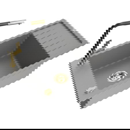 Mexen Elias granitinė vienos kameros plautuvė su nutekėjimo ir Flora virtuviniu maišytuvu, pilka - 6511-71-670401-57-G