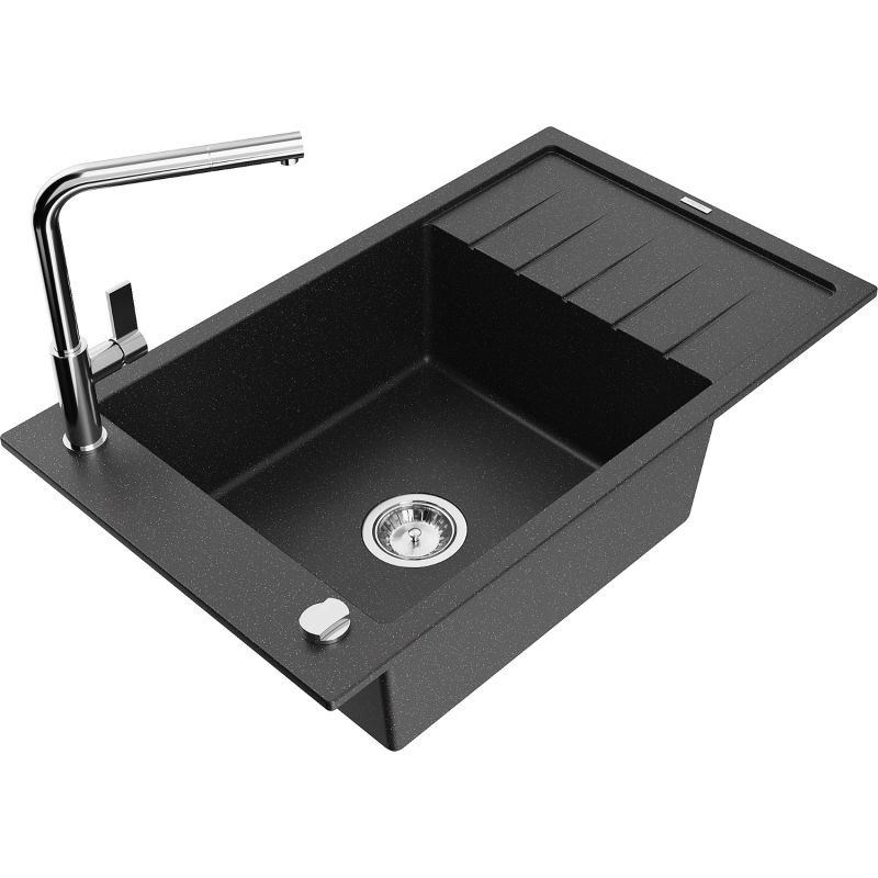 Mexen Elias granitinė vienos dalies kriauklė su nutekėjimo zona ir Flora virtuvės baterija, juoda/sidabrinis metalikas