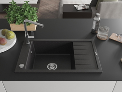 Mexen Elias granitinė vienos dalies kriauklė su nutekėjimo zona ir Flora virtuvės baterija, juoda/sidabrinis metalikas