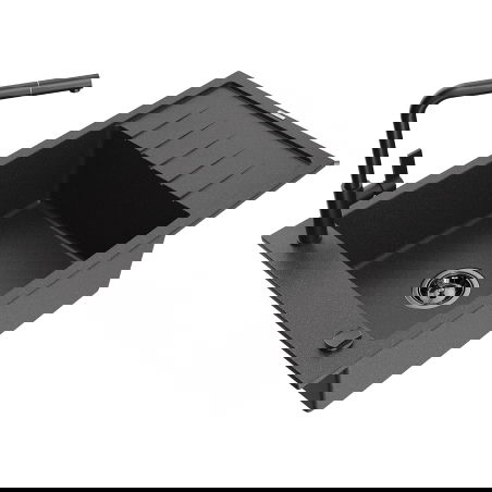 Mexen Elias granitinė vienvietė kriauklė su nutekamu vandeniu ir Flora virtuvės maišytuvu, juoda su taškeliais