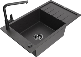Mexen Elias granitinė vienvietė kriauklė su nutekamu vandeniu ir Flora virtuvės maišytuvu, juoda su taškeliais