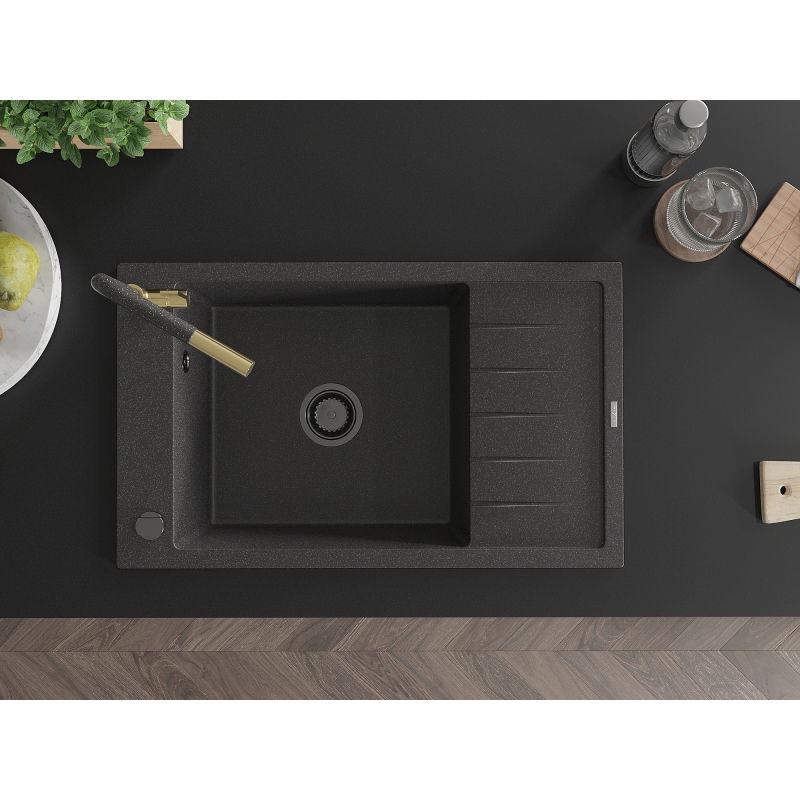 Mexen Elias granito plautuvė 1-dubens su nusausintuvu ir virtuviniu maišytuvu Flora, juodas taškuotas - 6511-76-670401-75-B