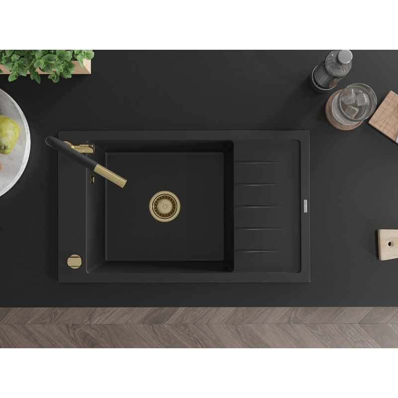Mexen Elias vienos kameros granitinė plautuvė su nutekamu ir Flora virtuvine maišytuvu, juoda - 6511-77-670401-57-G