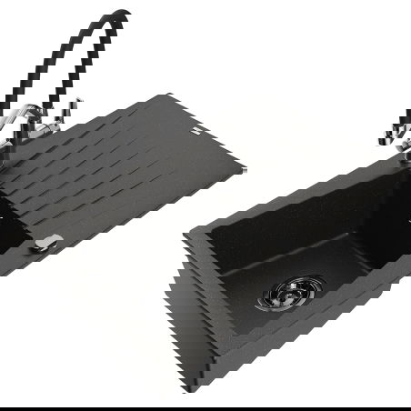 Mexen Cesar vienos kamerų granitinė kriauklė su nutekamuoju ir Duo virtuviniu maišytuvu, juoda/auksinė metalinė