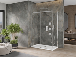 Mexen Omega stumdomas dušų kabina 140 x 70 cm, skaidri, chromo + Flat dušo padėklas - 825-140-070-01-00-4010