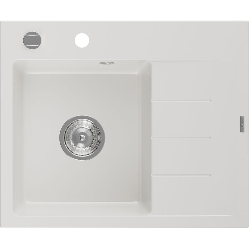 Mexen Ben granitinė vienos kriauklės plautuvė su nusausinimo zona, kairės pusės, 600 x 500 mm, baltas, chromuotas sifonas