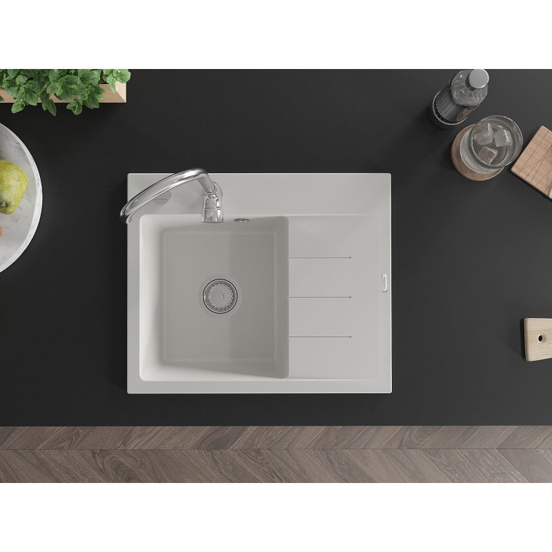 Mexen Ben granitinė vienos kriauklės plautuvė su nusausinimo zona, kairės pusės, 600 x 500 mm, baltas, chromuotas sifonas