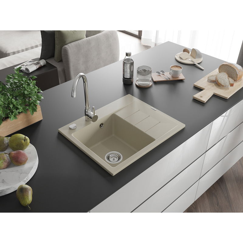 Mexen Ben granitinė vienos kameros plautuvė su nusausintuvu, kairė 600 x 500 mm, smėlinė, chromuotas sifonas