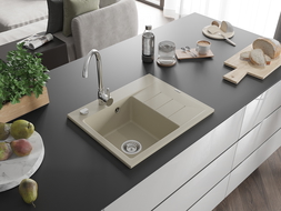 Mexen Ben granitinė vienos kameros plautuvė su nusausintuvu, kairė 600 x 500 mm, smėlinė, chromuotas sifonas