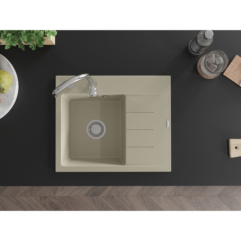 Mexen Ben granitinė vienos kameros plautuvė su nusausintuvu, kairė 600 x 500 mm, smėlinė, chromuotas sifonas