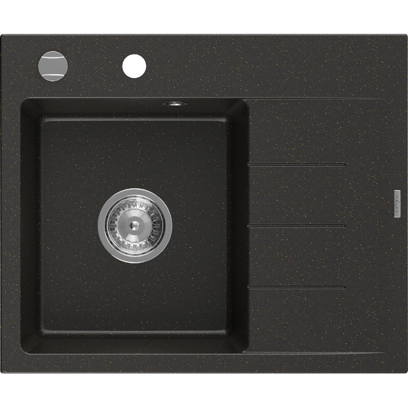 Mexen Ben granitinė virtuvės kriauklė su vienu dubeniu ir nutekėjimu, kairysis 600 x 500 mm, juoda/auksinė metalo spalva,