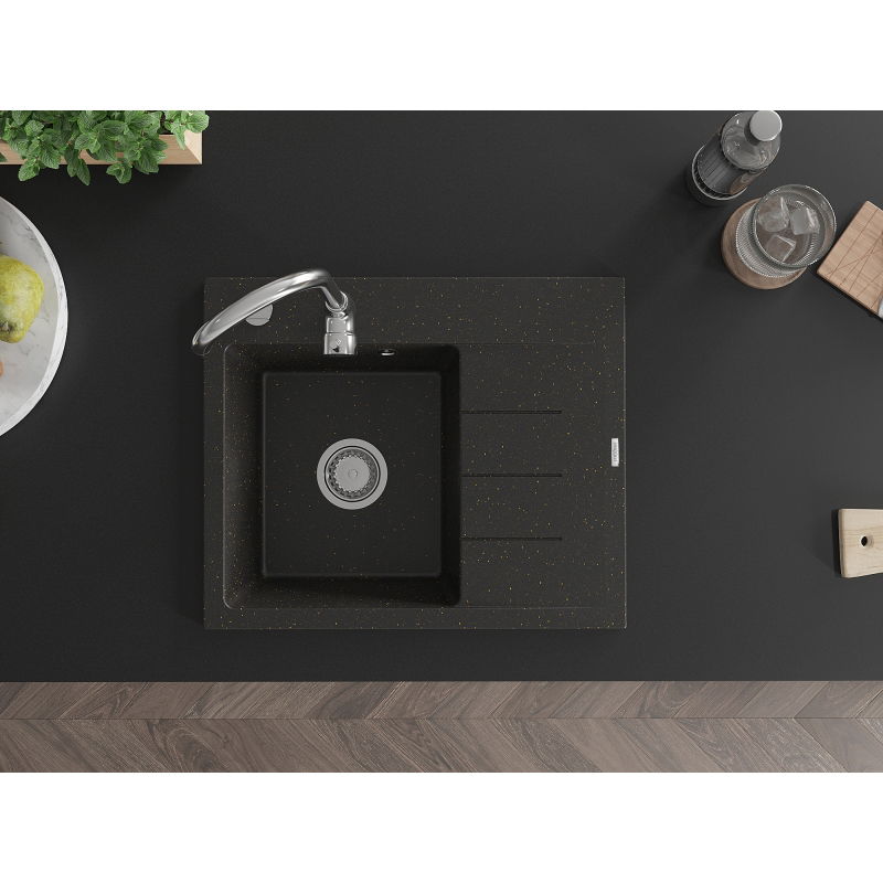 Mexen Ben granitinė virtuvės kriauklė su vienu dubeniu ir nutekėjimu, kairysis 600 x 500 mm, juoda/auksinė metalo spalva,