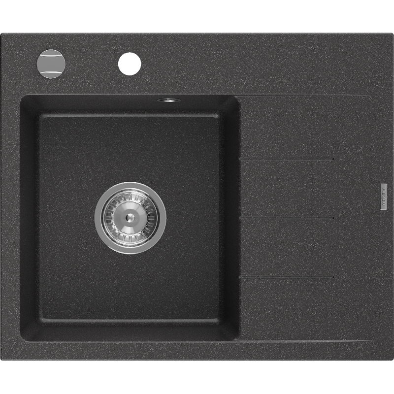 Mexen Ben granito plautuvė su viena kamera ir drenažu, kairė 600 x 500 mm, juoda su taškeliais, chromuotas sifonas