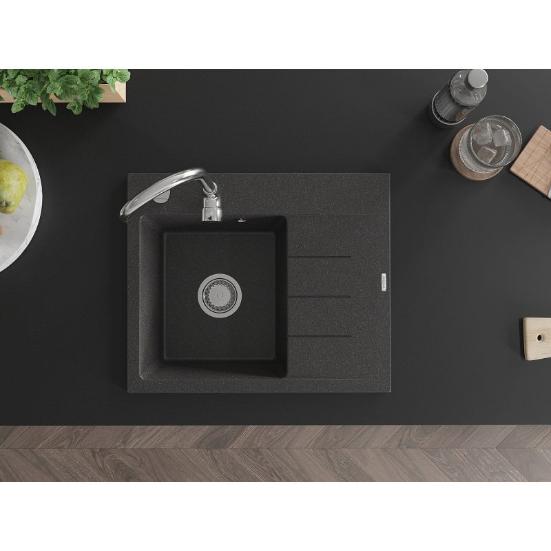Mexen Ben granito plautuvė su viena kamera ir drenažu, kairė 600 x 500 mm, juoda su taškeliais, chromuotas sifonas