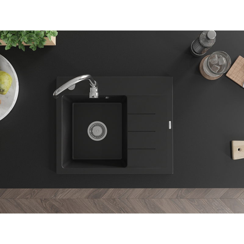 Mexen Ben granitinė vienos kameros plautuvė su lašeline, kairė, 600 x 500 mm, juoda, chromuota sifono - 6522605000-77