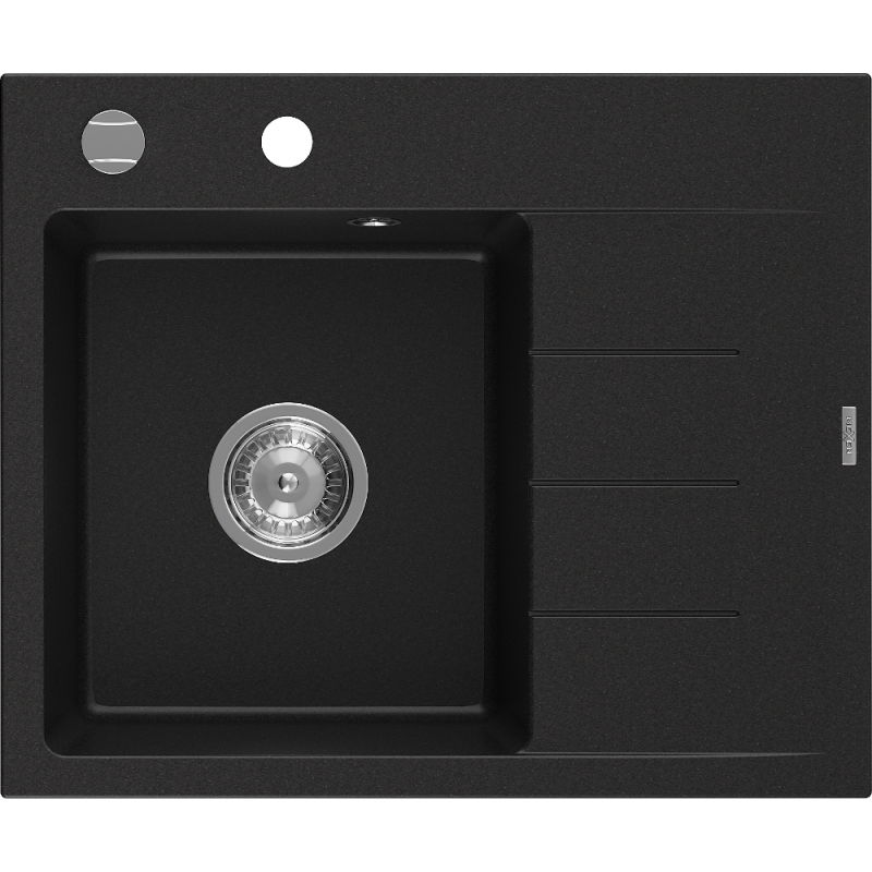 Mexen Ben granitinė vienos kameros plautuvė su lašeline, kairė, 600 x 500 mm, juoda, chromuota sifono - 6522605000-77