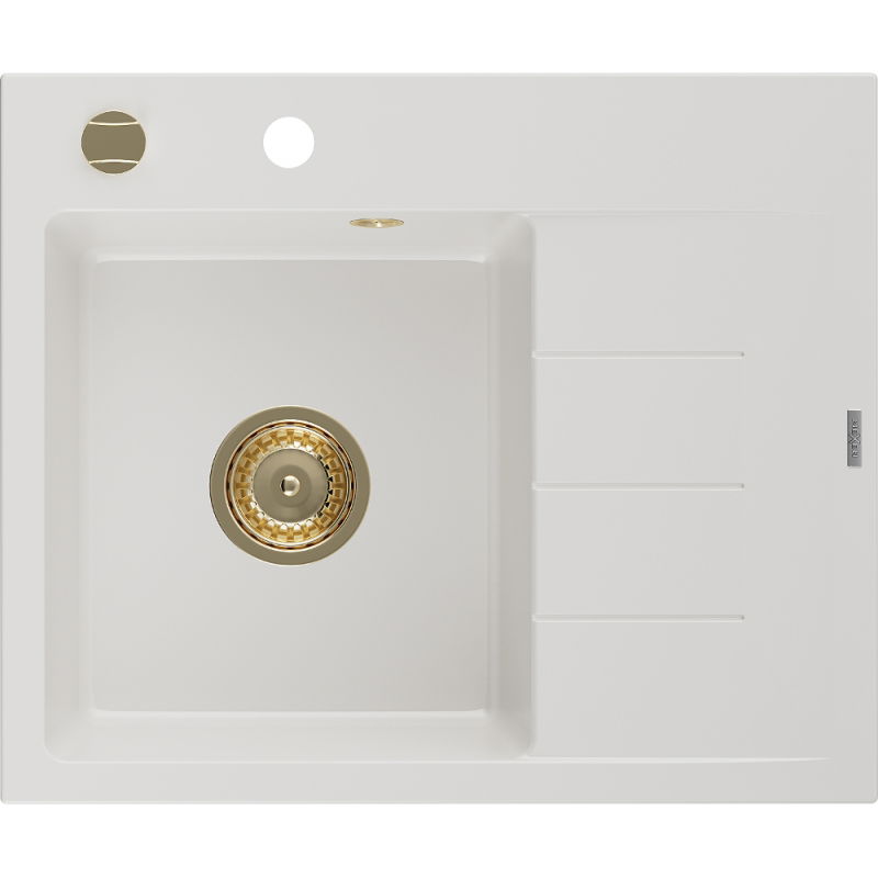 Mexen Ben granitinė plautuvė 1 skyriumi su nuvarvėjimo lentele, kairė 600 x 500 mm, balta, aukso sifonas - 6522605000-20-G