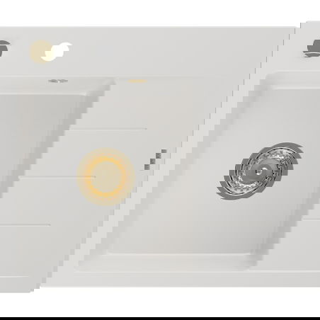 Mexen Ben granitinė plautuvė 1 skyriumi su nuvarvėjimo lentele, kairė 600 x 500 mm, balta, aukso sifonas - 6522605000-20-G