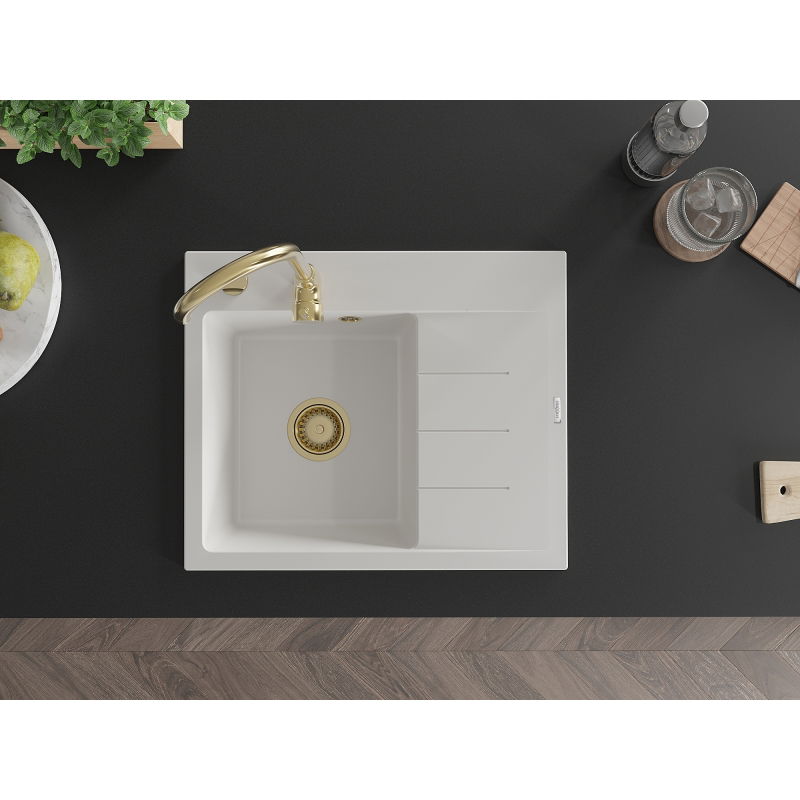 Mexen Ben granitinė plautuvė 1 skyriumi su nuvarvėjimo lentele, kairė 600 x 500 mm, balta, aukso sifonas - 6522605000-20-G