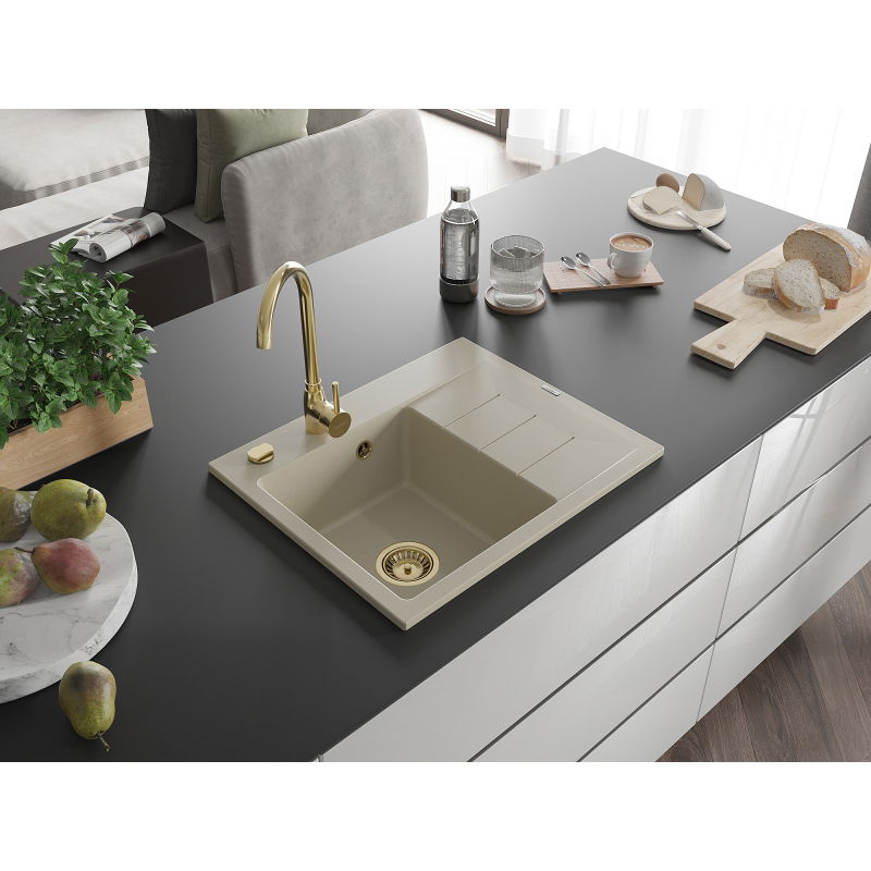 Mexen Ben granitinė virtuvės plautuvė su vienu dubeniu ir nuvarvėjimo zona, kairinė, 600 x 500 mm, smėlio spalvos,