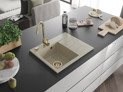 Mexen Ben granitinė virtuvės plautuvė su vienu dubeniu ir nuvarvėjimo zona, kairinė, 600 x 500 mm, smėlio spalvos,