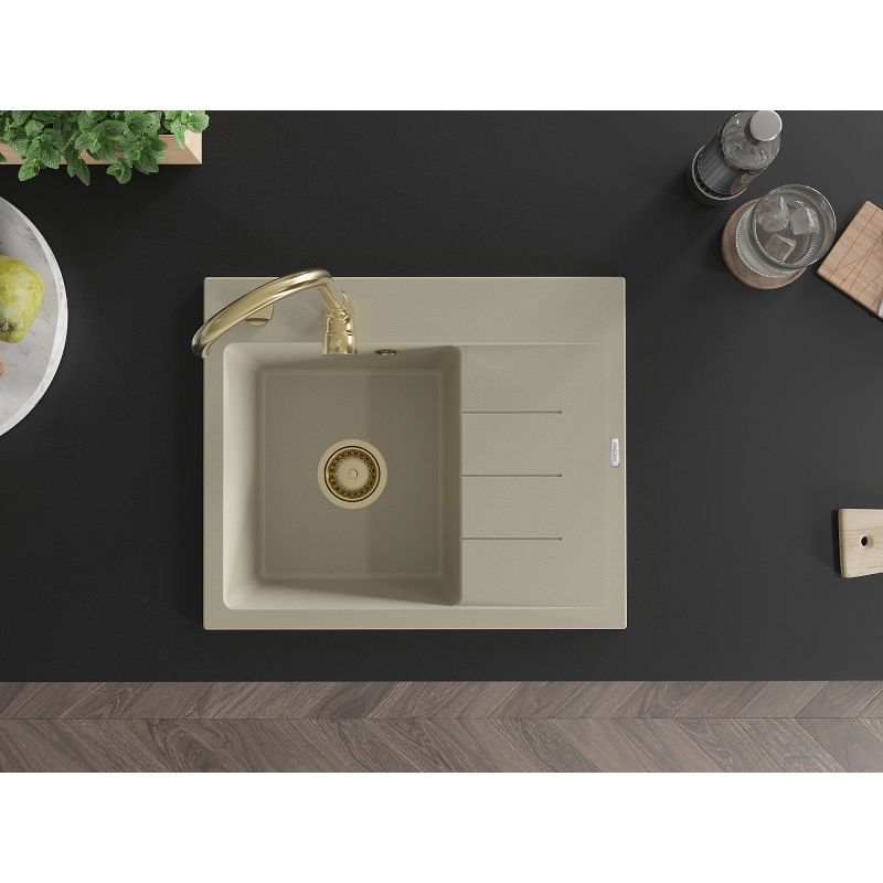 Mexen Ben granitinė virtuvės plautuvė su vienu dubeniu ir nuvarvėjimo zona, kairinė, 600 x 500 mm, smėlio spalvos,