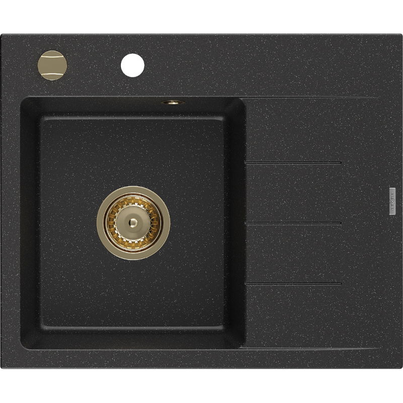 Mexen Ben granitinė vienos kameros plautuvė su lašintuvu, kairinė 600 x 500 mm, juoda/sidabrinis metalikas, sifonas auksinis