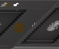 Mexen Ben granitinė vienos kameros plautuvė su lašintuvu, kairinė 600 x 500 mm, juoda/sidabrinis metalikas, sifonas auksinis