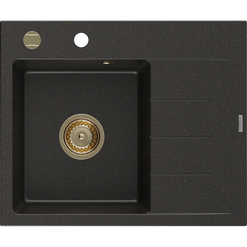Mexen Ben granitinė 1 skyrelio plautuvė su varvekliu, kairinė 600 x 500 mm, juoda/auksinė metaloikė, sifonas auksinis
