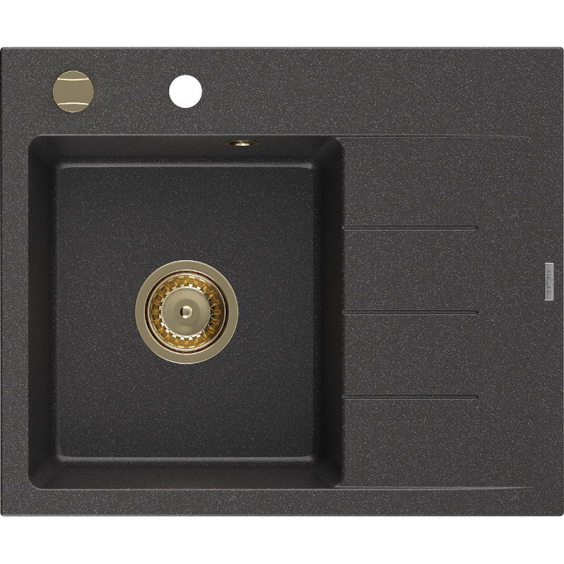 Mexen Ben granitinė plautuvė su viena kamera ir lašintuvu, kairė 600 x 500 mm, juoda dėmėta, auksinis sifonas
