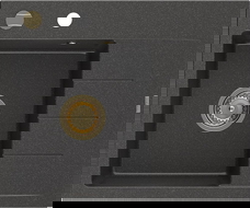 Mexen Ben granitinė plautuvė su viena kamera ir lašintuvu, kairė 600 x 500 mm, juoda dėmėta, auksinis sifonas