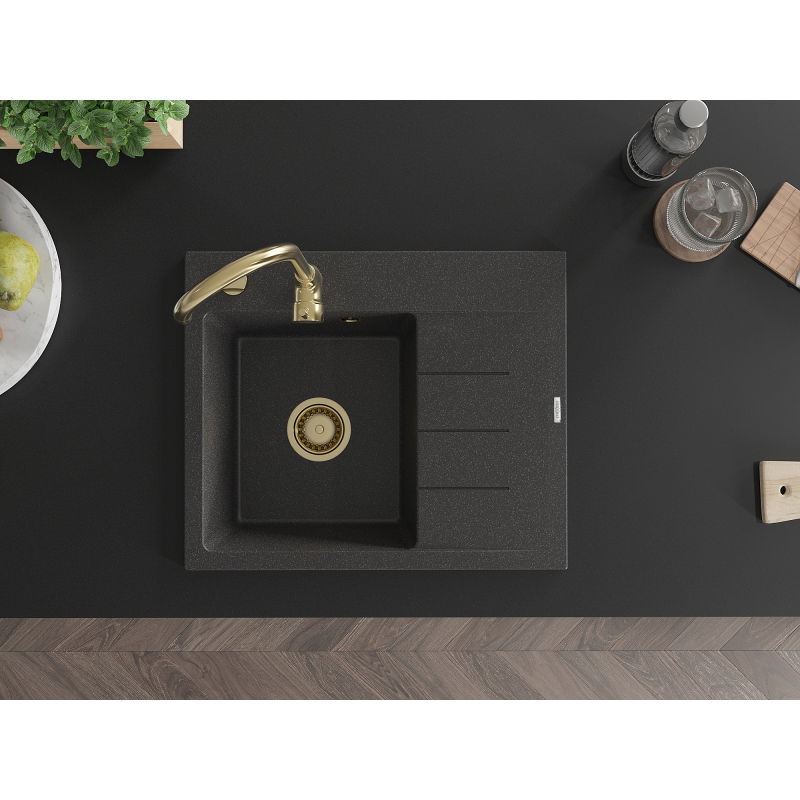 Mexen Ben granitinė plautuvė su viena kamera ir lašintuvu, kairė 600 x 500 mm, juoda dėmėta, auksinis sifonas