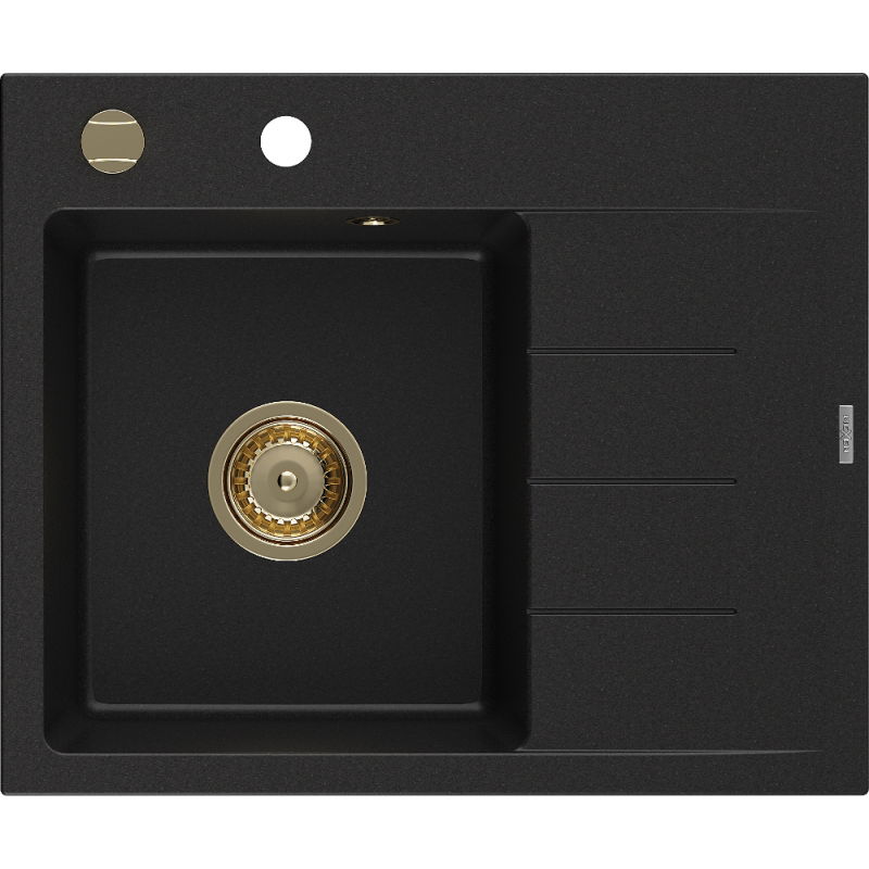 Mexen Ben granitinė vienos plautuvės kriauklė su nusausintuvu, kairė, 600 x 500 mm, juoda, sifonas auksinis