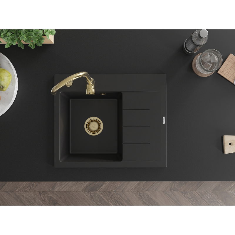 Mexen Ben granitinė vienos plautuvės kriauklė su nusausintuvu, kairė, 600 x 500 mm, juoda, sifonas auksinis