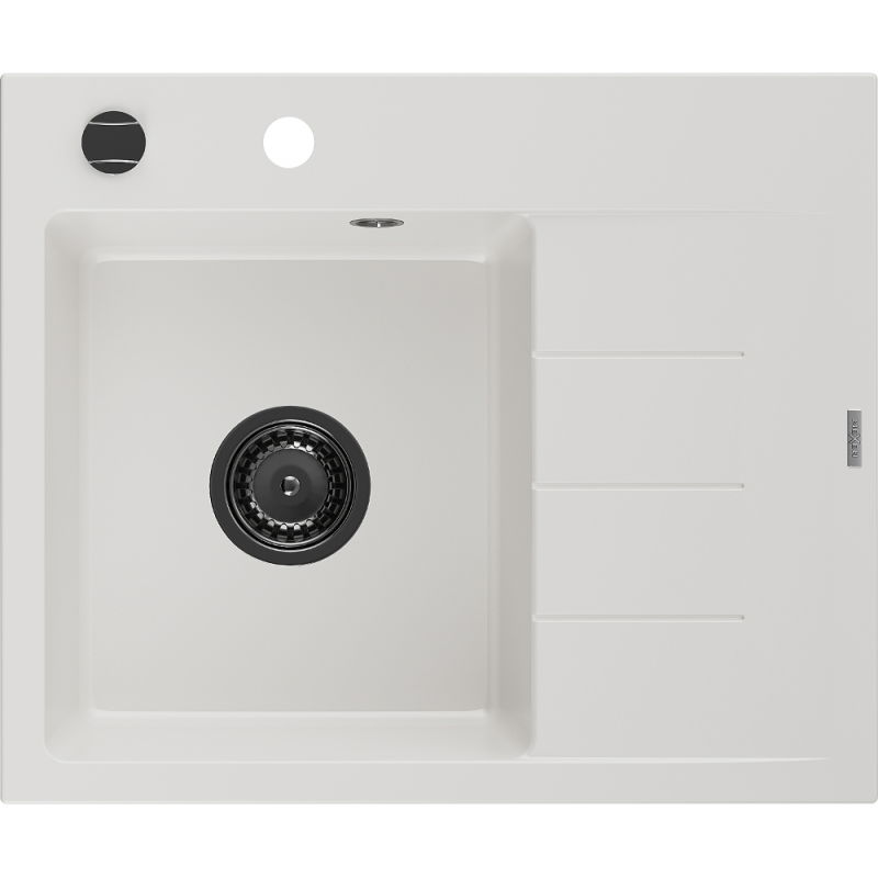 Mexen Ben granitinė vienos kameros plautuvė su džiovykla, kairė 600 x 500 mm, balta, juodas sifonas - 6522605000-20-B