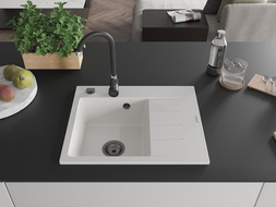 Mexen Ben granitinė vienos kameros plautuvė su džiovykla, kairė 600 x 500 mm, balta, juodas sifonas - 6522605000-20-B