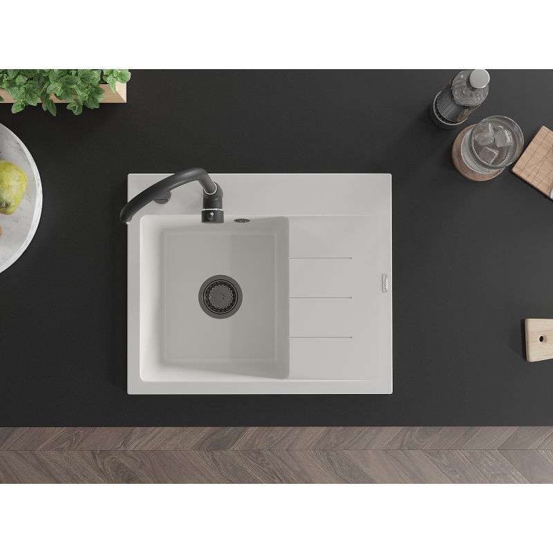 Mexen Ben granitinė vienos kameros plautuvė su džiovykla, kairė 600 x 500 mm, balta, juodas sifonas - 6522605000-20-B