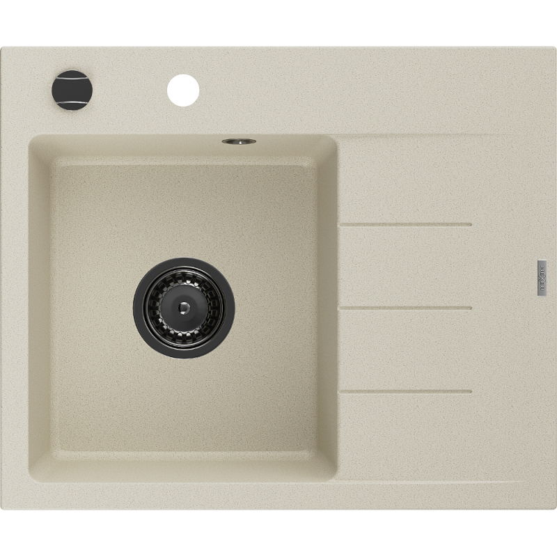 Mexen Ben granitinė plautuvė su viena kamera ir lašeline, kairė 600 x 500 mm, smėlio spalvos, juodas sifonas