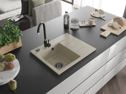 Mexen Ben granitinė plautuvė su viena kamera ir lašeline, kairė 600 x 500 mm, smėlio spalvos, juodas sifonas