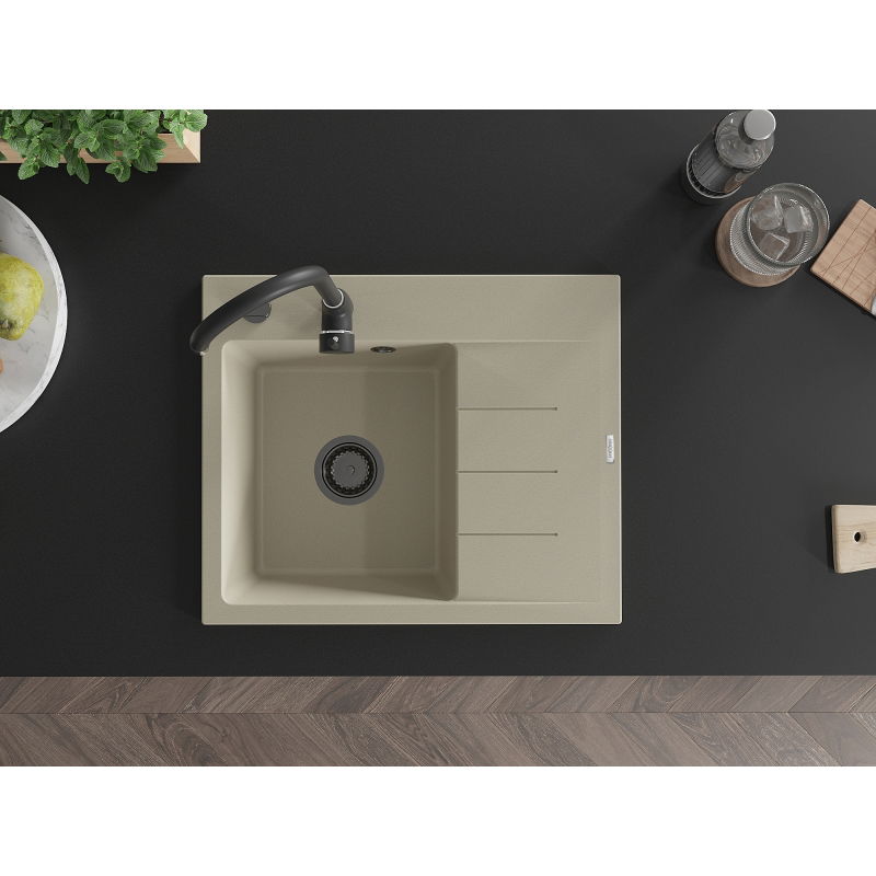 Mexen Ben granitinė plautuvė su viena kamera ir lašeline, kairė 600 x 500 mm, smėlio spalvos, juodas sifonas
