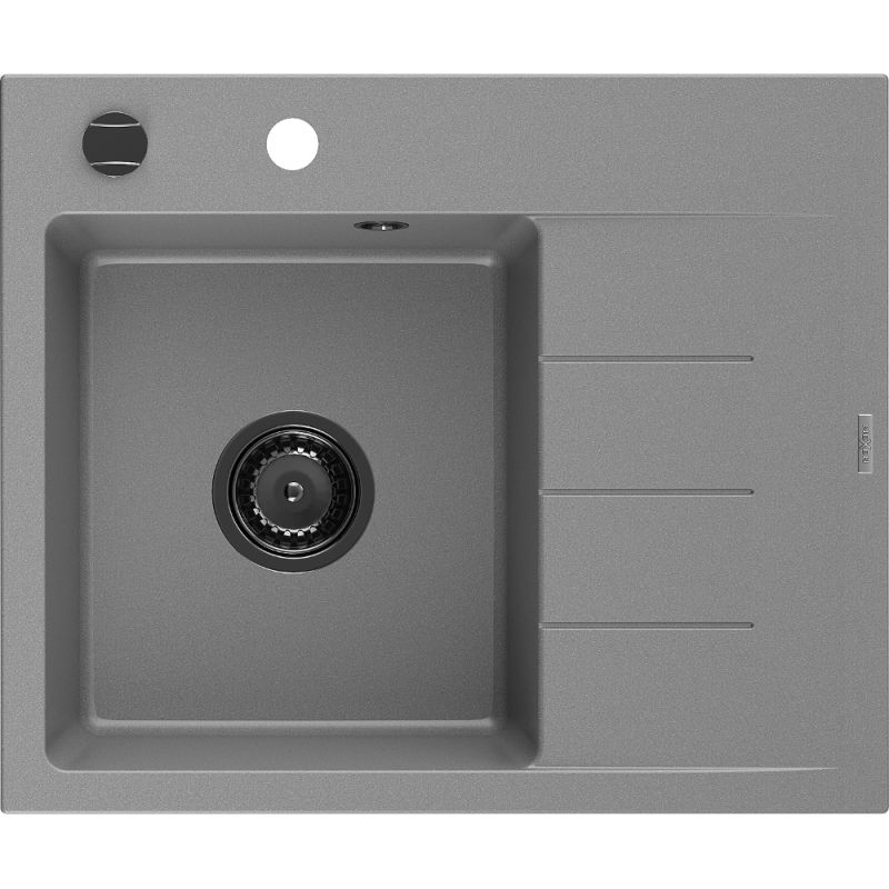 Mexen Ben granito plautuvė 1 skyrius su nusausinimo kairiuoju kraštu 600 x 500 mm, pilka, juodas sifonas - 6522605000-71-B