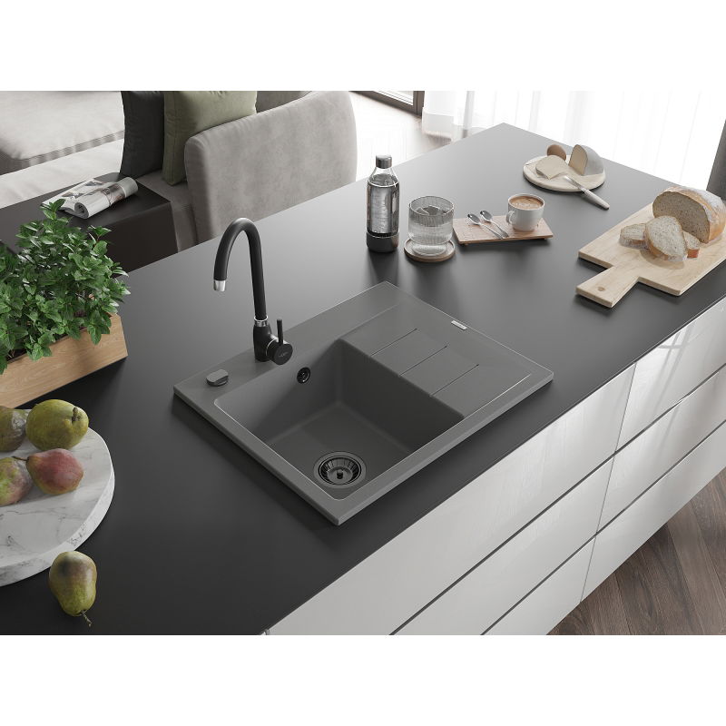 Mexen Ben granito kriauklė su vienu skyriumi ir lašintuvu, kairė, 600 x 500 mm, pilka, juodas sifonas - 6522605000-71-B