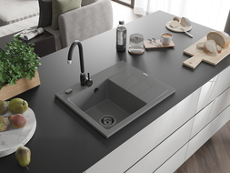 Mexen Ben granito kriauklė su vienu skyriumi ir lašintuvu, kairė, 600 x 500 mm, pilka, juodas sifonas - 6522605000-71-B