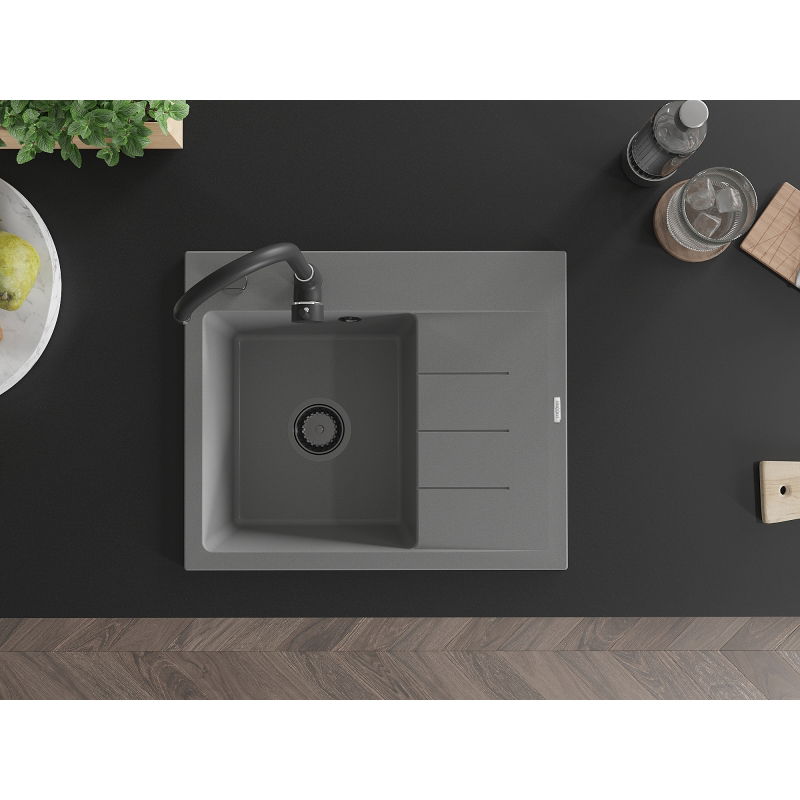Mexen Ben granito kriauklė su vienu skyriumi ir lašintuvu, kairė, 600 x 500 mm, pilka, juodas sifonas - 6522605000-71-B