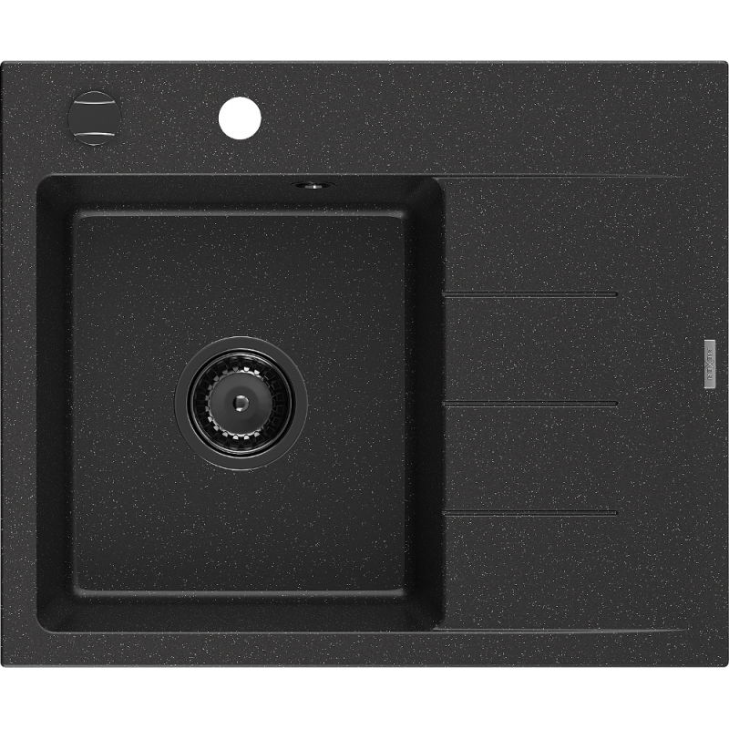 Mexen Ben granitinė vienos kameros plautuvė su nutekėjimu, kairė 600 x 500 mm juoda/sidabrinė metalikas sifonas juodas